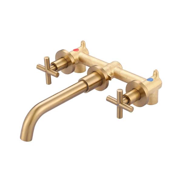 Double Handle Wall Mounted Bathroom Faucet with Brass Rough in Valve and Lever Handle in Gold