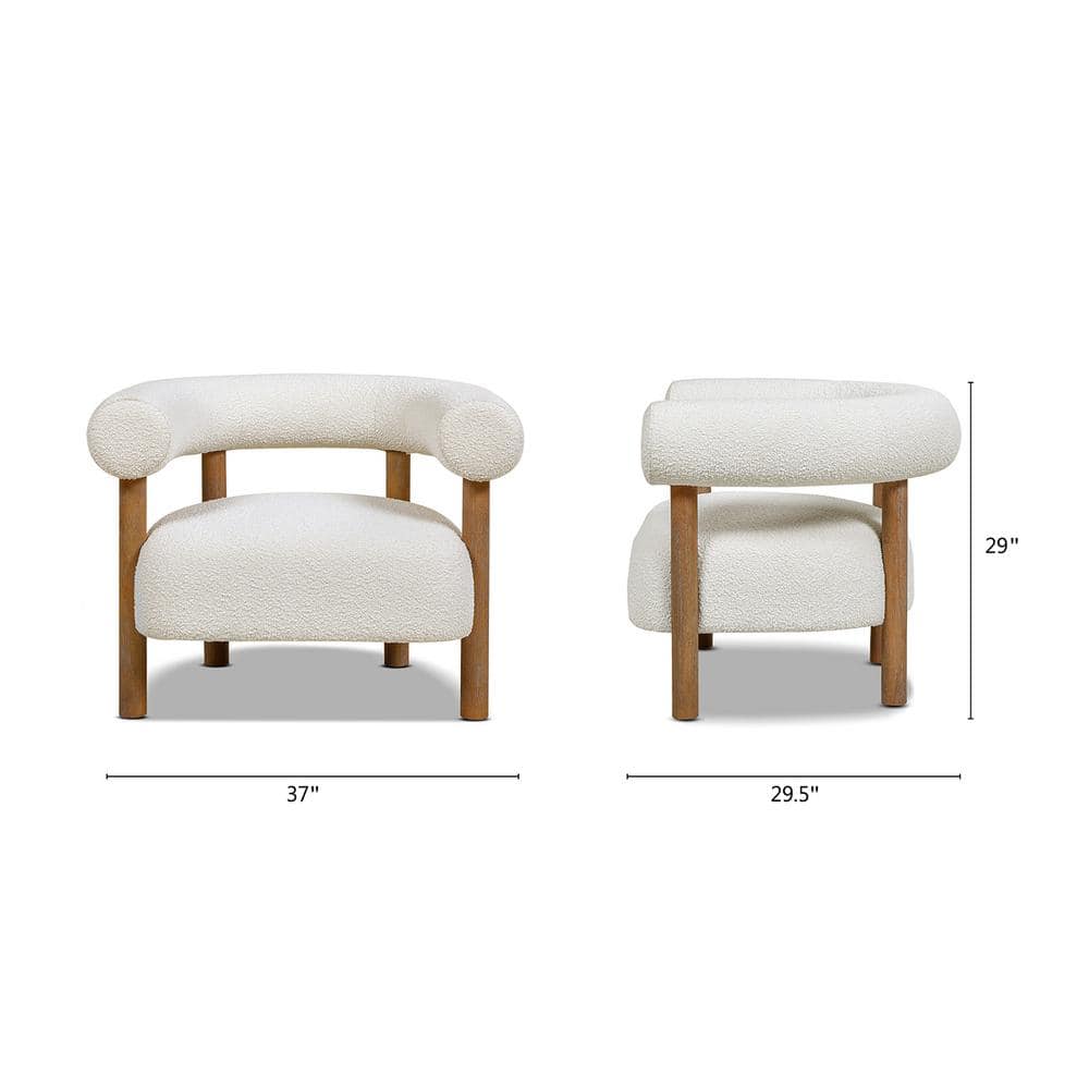 Ivory White Boucle Wood Barrel Accent Chair