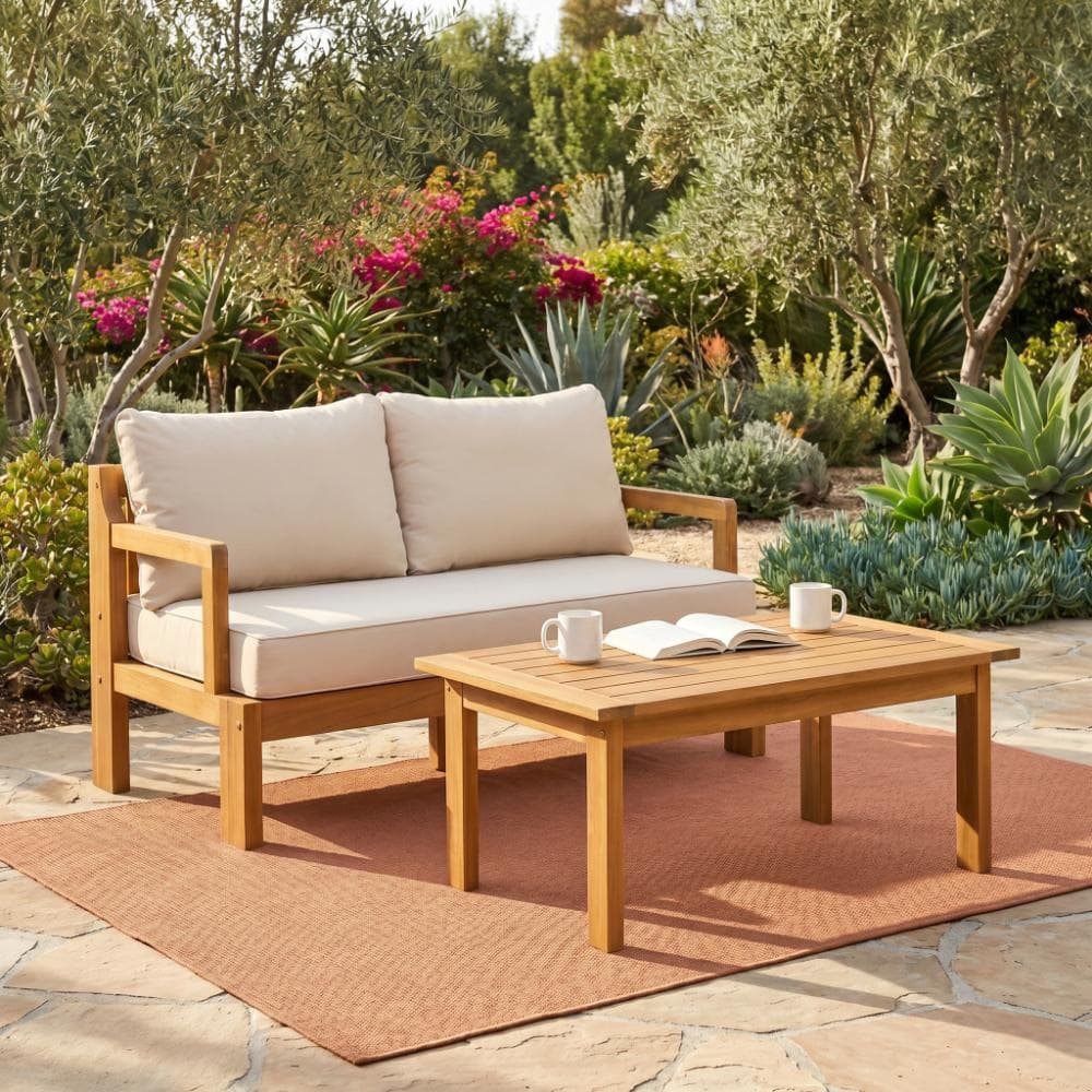 Natural Outdoor 2-piece Acacia Wood Outdoor Loveseat & Coffee Table Set with Beige Cushions price history on PriceWatchPro