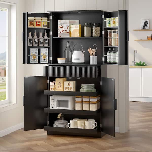 Bezeit 72 in. Tall Black Wood Kitchen Pantry Cabinet with 3-Keyboard Drawers and Adjustable Door Shelves