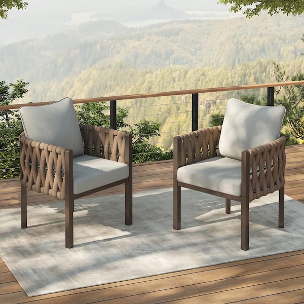CHRISTOPHER KNIGHT HOME Montgomery Patio Metal and Rope Woven Outdoor Lounge Chairs with Light Gray Cushions, Brown, Set of 2