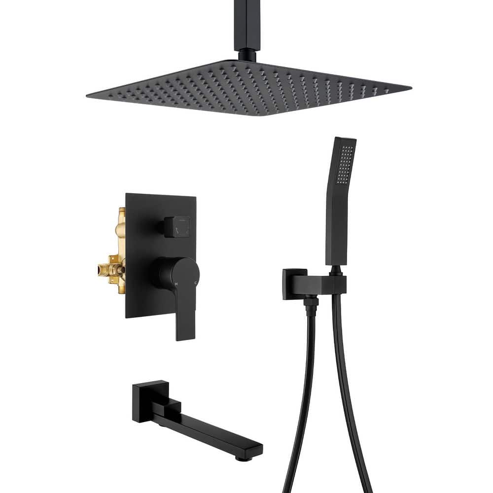 Boyel Living 1-Spray Patterns with 180° Swivel Tub Spout, 12 in. Ceiling Mount and Handheld Shower Head, 2.5 GPM in Matte Black