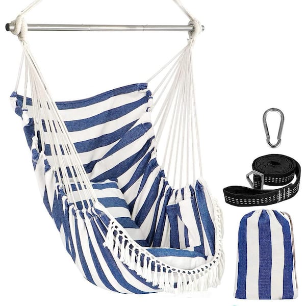 Unbranded Hammock Chair Hanging Seat 2-Pillows Included, Durable Stainless Steel Spreader Bar Portable Hanging Chair, Blue White