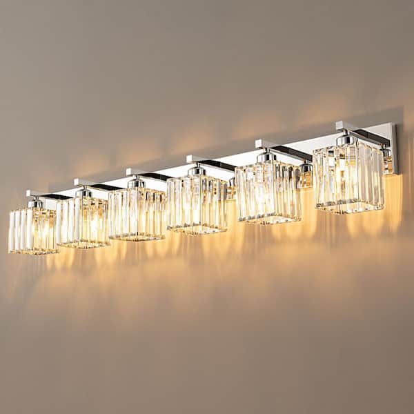 HomeLighting Fixture Width 44.09" In. " 6-Light Chrome Modern Crystal Vanity Lights Wall Sconces For Bathroom（JW-002)