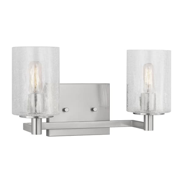 Generation Lighting Parker 14.25 in. W x 7.75 in. H 2-Light Brushed Steel Bathroom Vanity Light with Clear Crackle Glass Shades