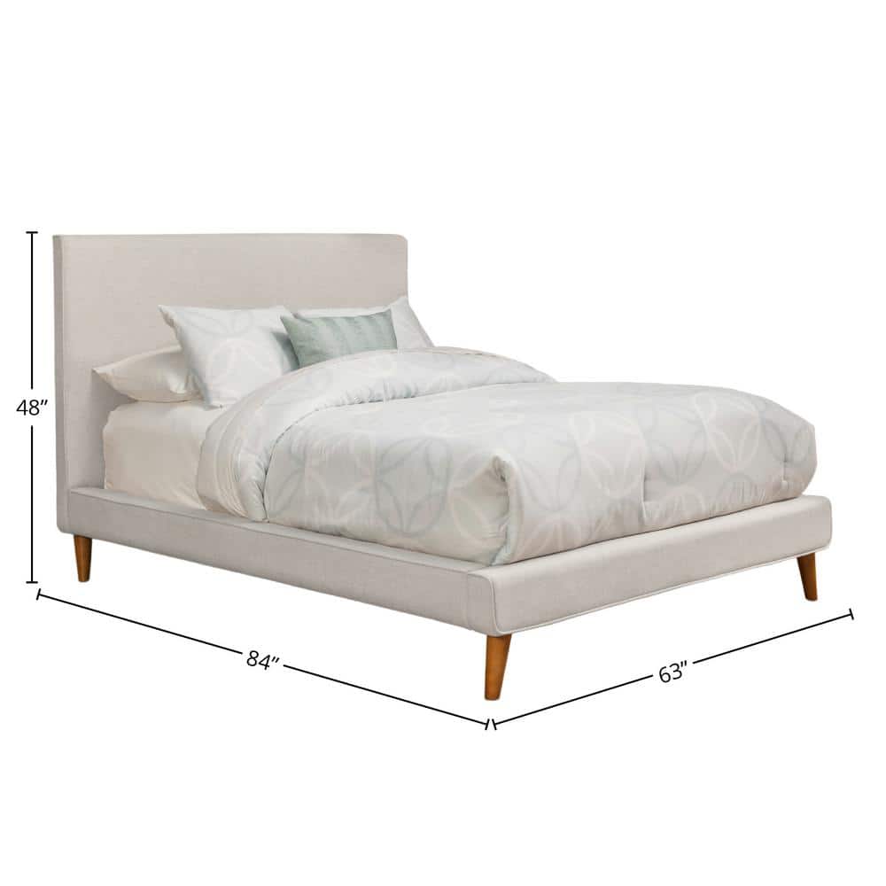 Mid-Century Modern Full Platform Bed in Gray Cream Linen and Pine