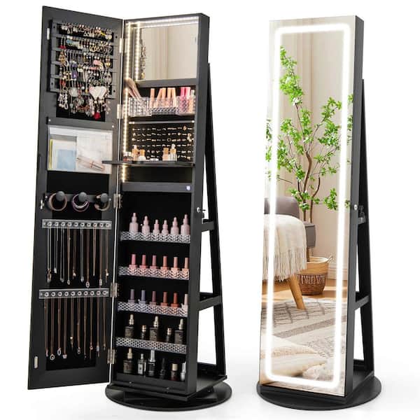 360° Swivel LED Mirror Black Wood Jewelry Box Cabinet Organize