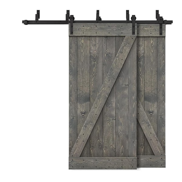 CALHOME 72 in. x 84 in. Z Bar Bypass Weather Gray Stained Solid Pine Wood Interior Double Sliding Barn Door with Hardware Kit
