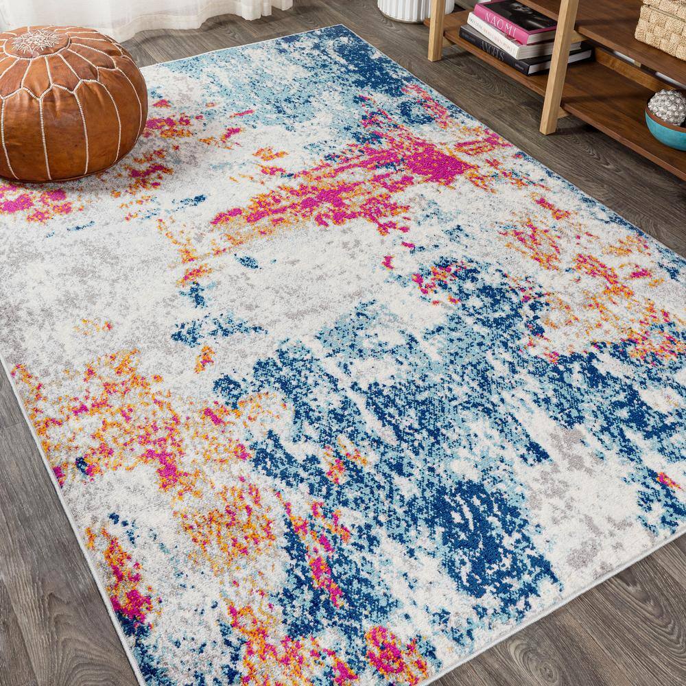 Sunset Modern Abstract Blue and Multicolor Synthetic 8' x 10' Area Rug