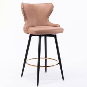 41.3 in. Beige High Back Metal Frame Swivel Bar Stool with Leathaire Fabric Set（Set of 2）