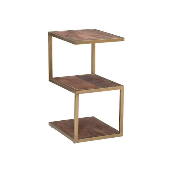 Benjara 13 in. Gold and Brown Rectangle Wood End Table with Metal Frame