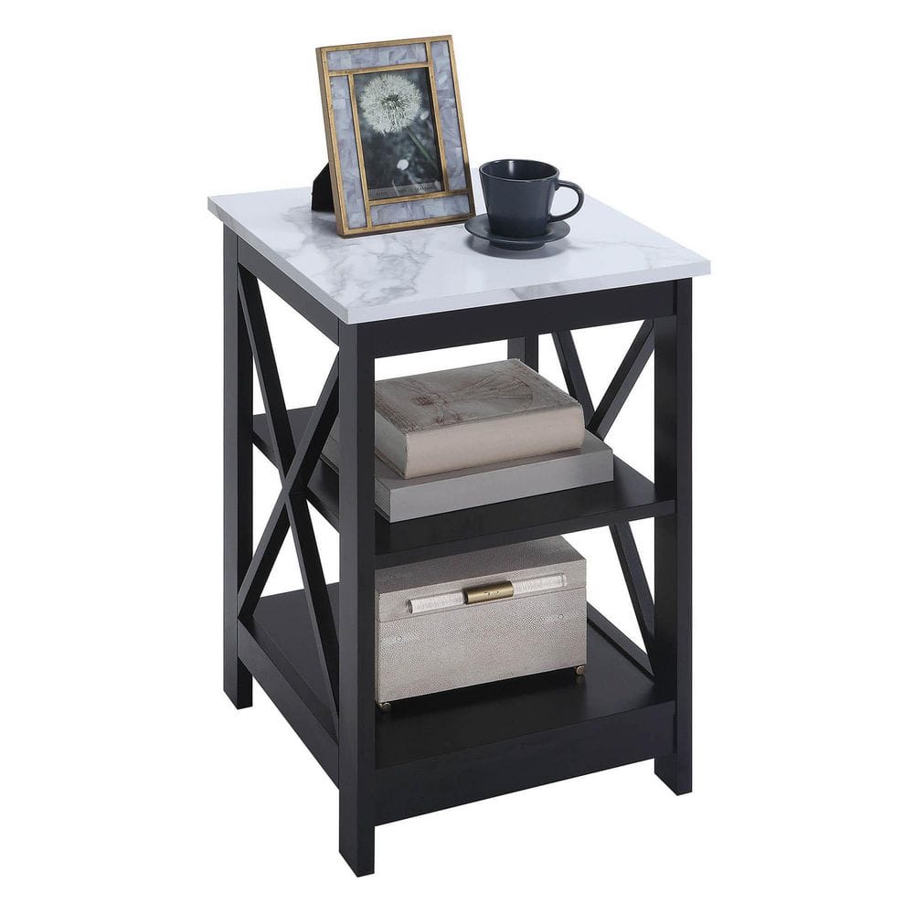 Oxford Coastal Farmhouse 16" White Faux Marble & Black Wood End Table