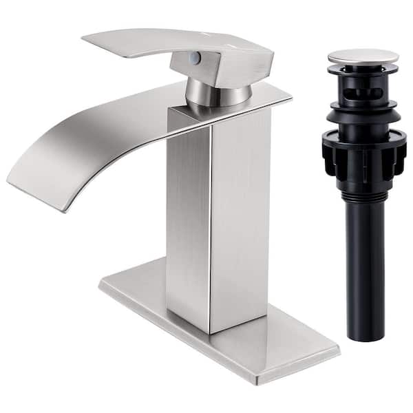 AKLFGN Waterfall Single Hole Single-Handle Low-Arc Bathroom Faucet With Pop-up Drain Assembly in Brushed Nickel