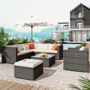 Gray 8-Piece Wicker Metal Outdoor Sectional with White Cushions