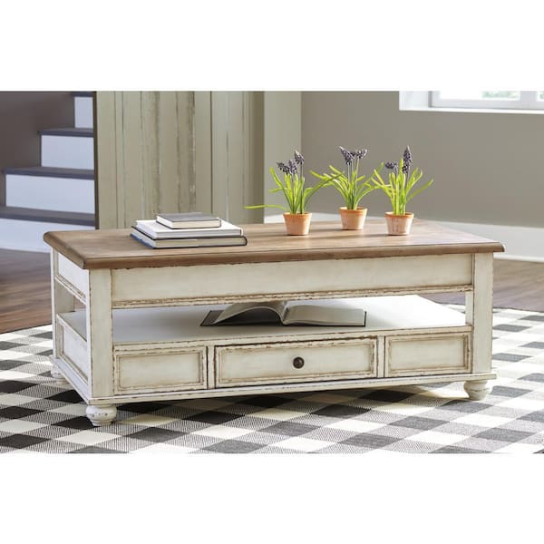 Realyn 47 In. White/Brown Rectangle Wood Coffee Table with Lift Top