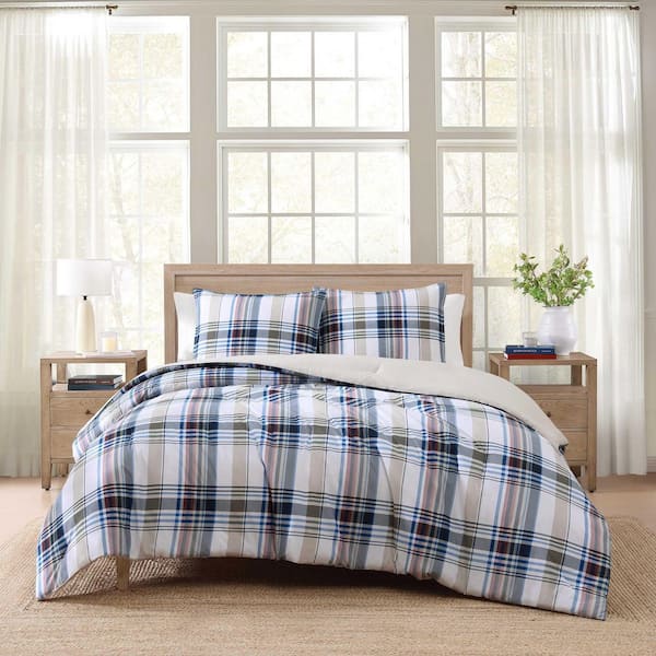 Waterbury Plaid 2-Piece White/Navy/Red Plain Weave Cotton Twin Duvet Cover Set