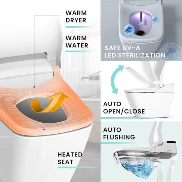 Stylement Tankless Smart Bidet Toilet Square in White, UV LED, Auto Open, Auto Flush, Heated Seat, Made in Korea