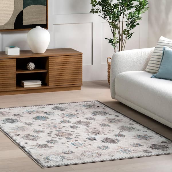 Krystin Distressed Machine Washable Area Rug Ivory 5 ft. x 8 ft. Area Rug
