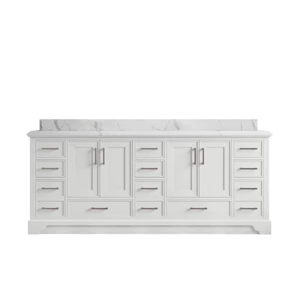 Willow Collections Charlotte 84 in. Double Sink Freestanding White Bath Vanity with Calacatta Laza Qt. Top Unassembled