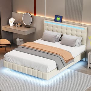 Beige Wood Frame Queen Size Floating Tufted Linen Platform Bed with Adjustable Headboard, LED Lights and 2 USB Ports
