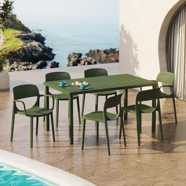Frond and Form Modern Outdoor Patio Poly Plastic 7-Piece Rectangle Table Dining Set w/ 6 Stackable Chairs in Olive Green