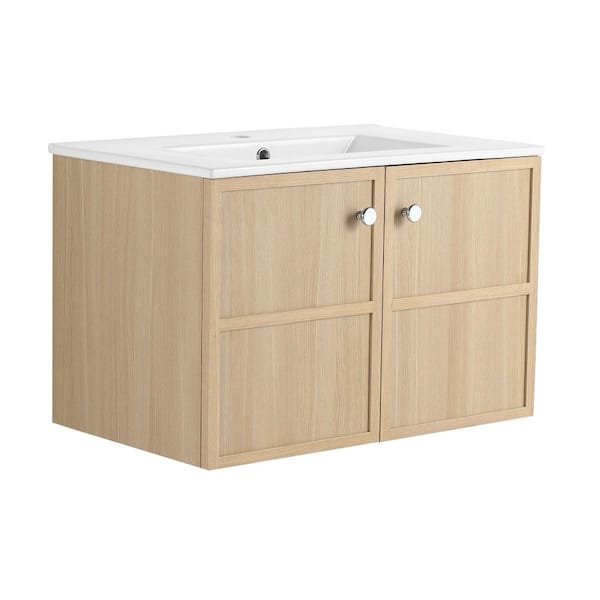 30 in. Single-Sink Floating Oak Bath Vanity with White Ceramic Top Unassembled and 2-Soft Closing Door