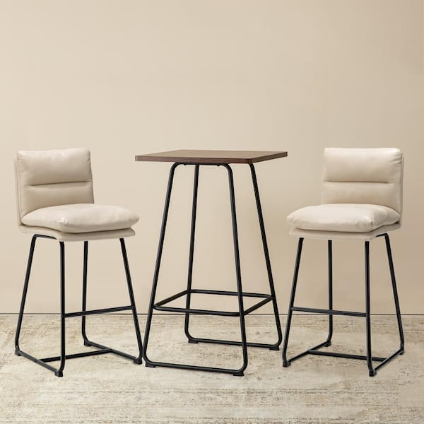 Pub Table Set - Modern Square Bar Table with Walnut Veneer Top and Cream Thick Leatherette Bar Stools (Set of 3 )