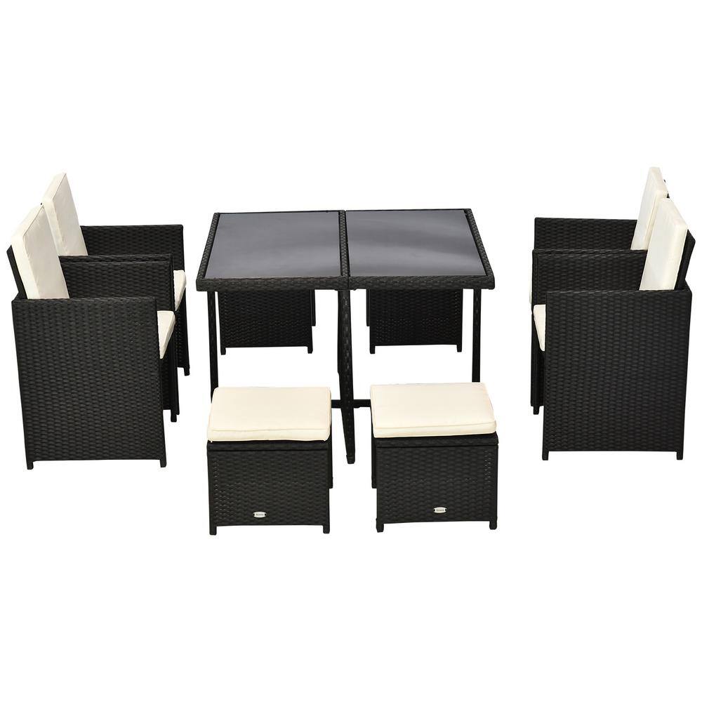 Compact 9-Piece Black Wicker Outdoor Dining Set with Cream Cushions