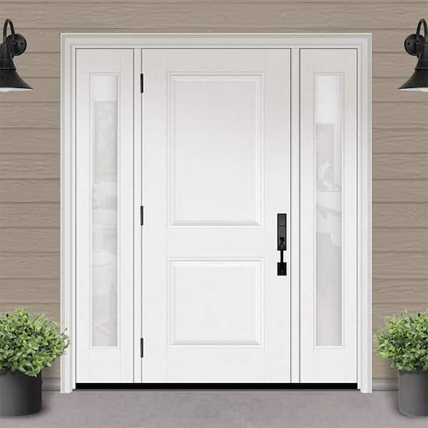 Regency 60 in. x 80 in. 2P Squaretop RHOS Unfinished White Mahogany Fiberglass Prehung Front Door w/Clear10in.SLs 4-9/16