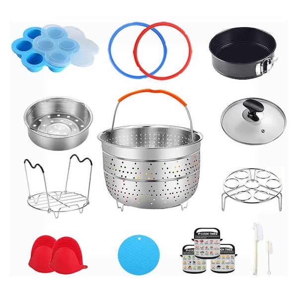 21-Piece Silver Stainless Steel Pressure Cooker Accessory Set with Steamer Baskets Glass Lid Springform Pan Egg Mold