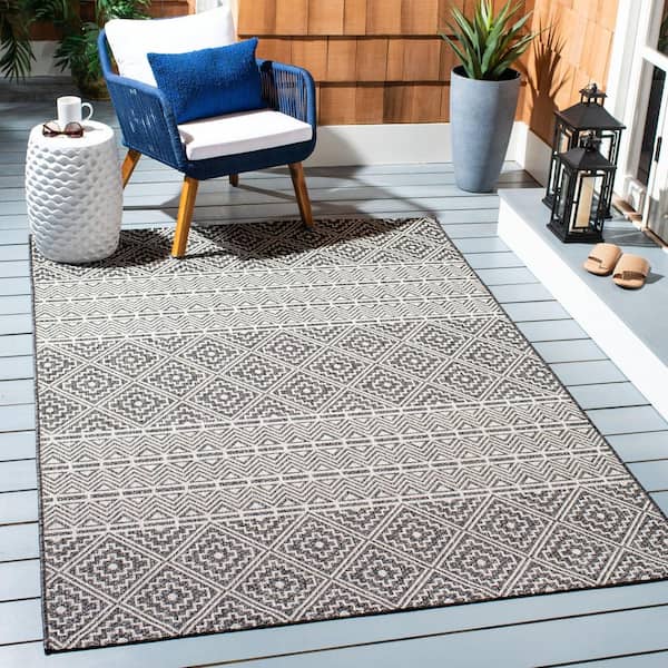 Courtyard Black/Gray Doormat 3 ft. x 5 ft. Tribal Diamond Chevron Indoor/Outdoor Patio Area Rug