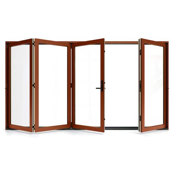 JELD-WEN W5500 124 in. x 80 in. Mesa Red Right Hand/Outswing Aluminum Clad Wood 4-Panel Prehung Folding Patio Door