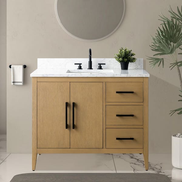 42 in. W x 22 in. D x 34 in. H Single-Sink Bathroom Vanity in Natural Oak with Engineered Marble Top in Arabescato White