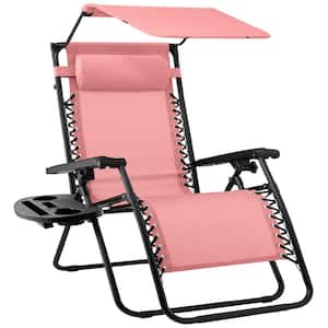 Zero Gravity Folding Reclining Pink Fabric Outdoor Lawn Chair with Canopy Shade, Headrest Tray