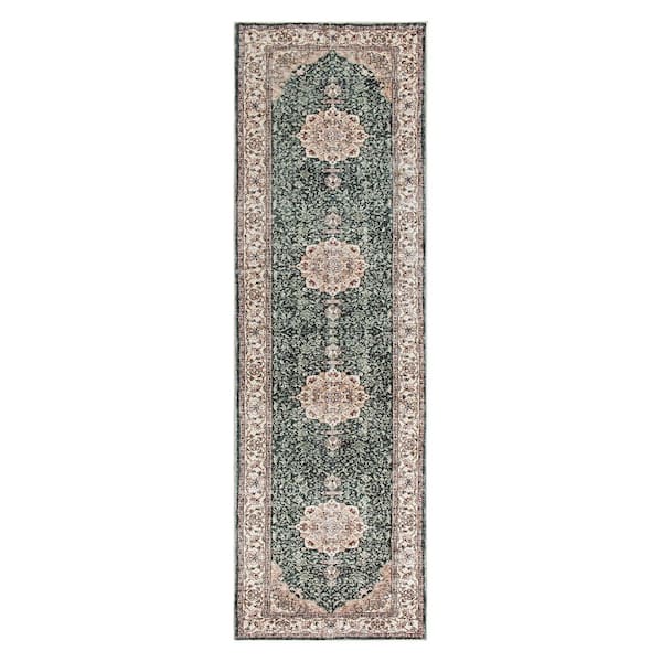 Traditional Oriental Medallion Washable Non Slip Green 2 ft. x 10 ft. Runner Rug