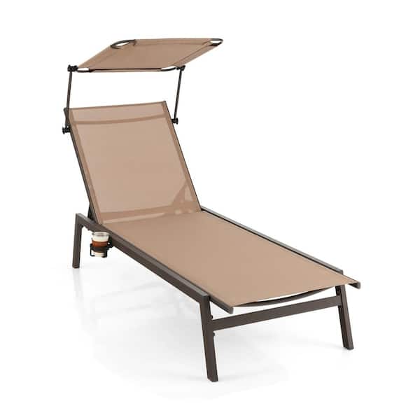 ANGELES HOME Metal Outdoor Patio Chaise Lounge Chair with Adjustable Sunshade Canopy, Brown