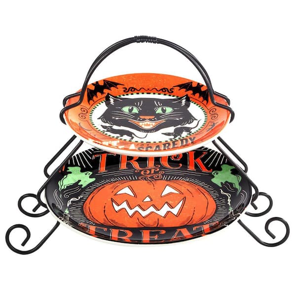 Certified International 2-Tier Assorted Colors Earthenware and Metal Cake Stand Scaredy Cat Server Set