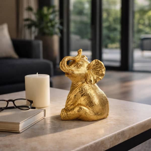 Gold 4.25 in. x 7 in. Resin Decorative Sitting Elephant Figurine