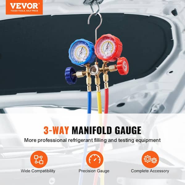 AC Gauge Set-3 Way AC Manifold Gauge Set for R134A R22 R12 R502 Refrigerant, Freon Gauges with 5 ft. Hoses, Couplers