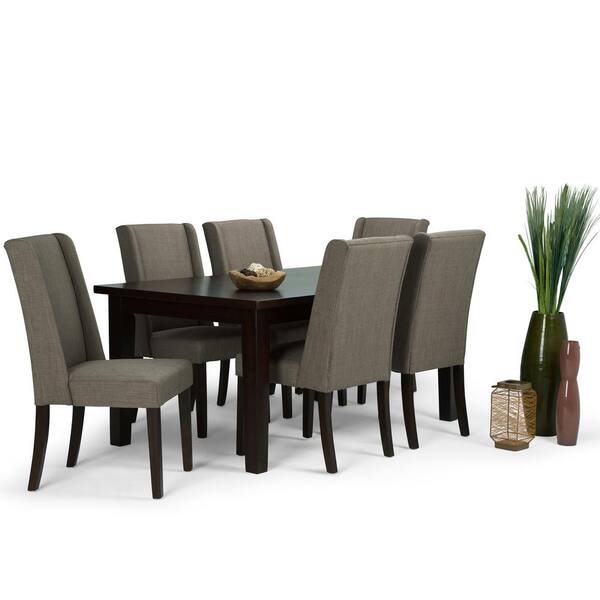 Simpli Home Sotherby 7-Piece Dining Set with 6 Upholstered Dining Chairs in Light Mocha Linen Look Fabric and 66 in. Wide Table