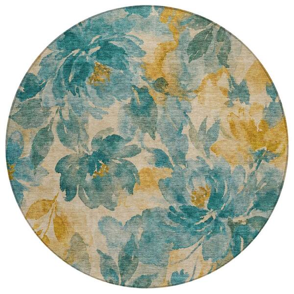 Chantille Machine Washable Indoor/Outdoor Abstract ACN3022 Teal 8 ft. x 8 ft. Round Rug