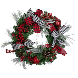 24 in. Red Unlit Plaid and Houndstooth and Red Berries Artificial Christmas Wreath