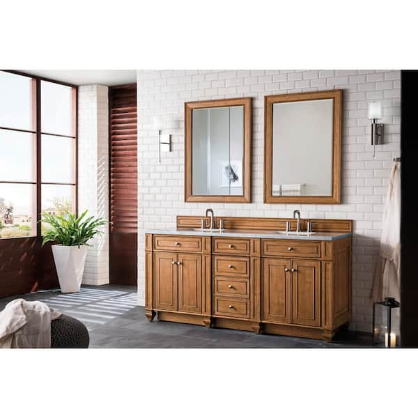 Bristol 72 in. W x 23.5 in. D x 34 in. H Double Bath Vanity in Saddle Brown with Carrara White Marble Top