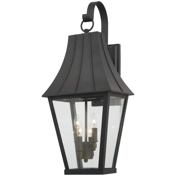 Minka Lavery Chateau Grande 4-Light Sand Black and Burnt Gold Outdoor Wall Lantern Sconce with Clear Glass