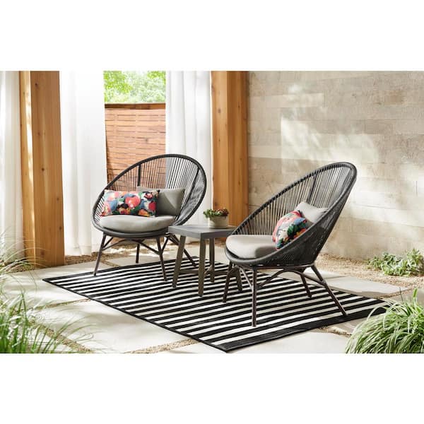 StyleWell Dark Gray 3-Piece Steel Papasan Rope Outdoor Patio Conversation Seating Set with Gray Cushion