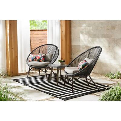 Dark Gray 3-Piece Steel Papasan Rope Outdoor Patio Conversation Seating Set with Gray Cushion