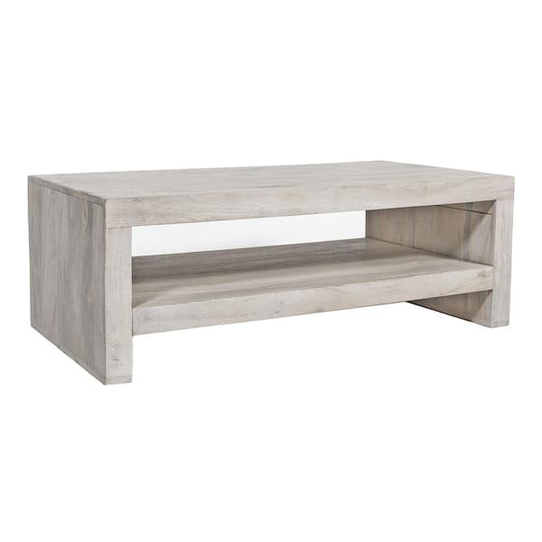 East At Main Karson 45 in. White Wash Rectangle Solid Wood Coffee Table with Shelf