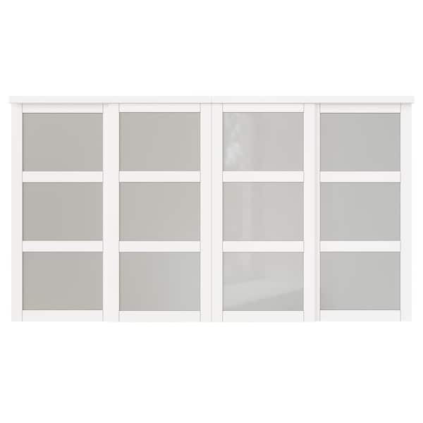144 in. x 80 in. 3-Lite White Tempered Frosted Glass Closet Sliding Door with Hardware