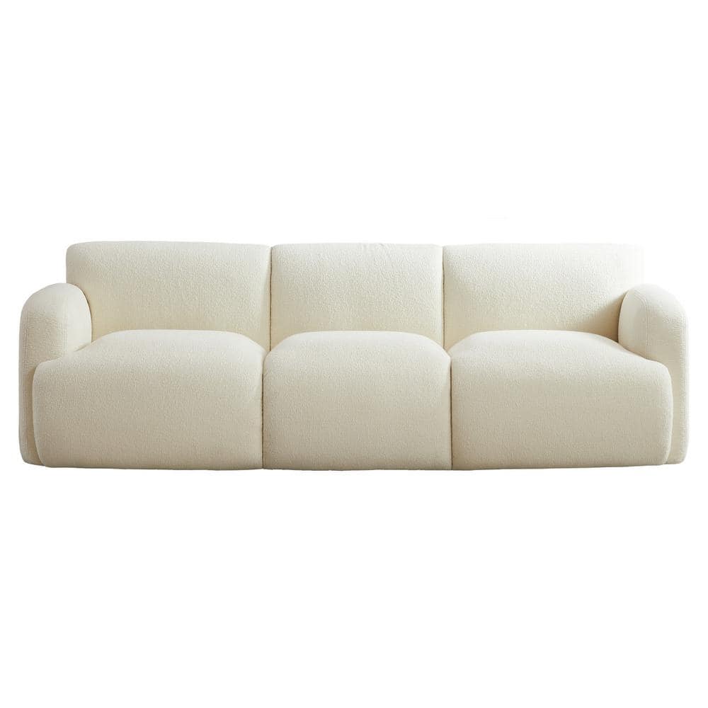 Cream Boucle Fabric Mid-Century Modern 90.6" Sofa with Solid Wood Base