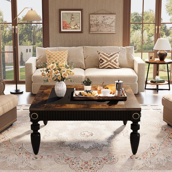 BYBLIGHT 43.31 in. Rustic Brown Square Engineered Wood Coffee Table with Solid Wood Legs for Living Room
